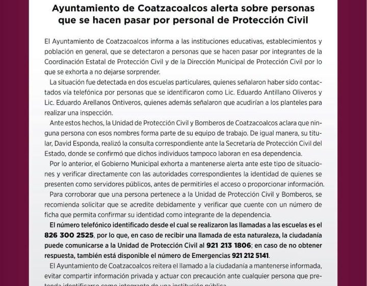  Ayuntamiento de Coatzacoalcos alerta sobre personas que se hacen pasar por personal de Protección Civil